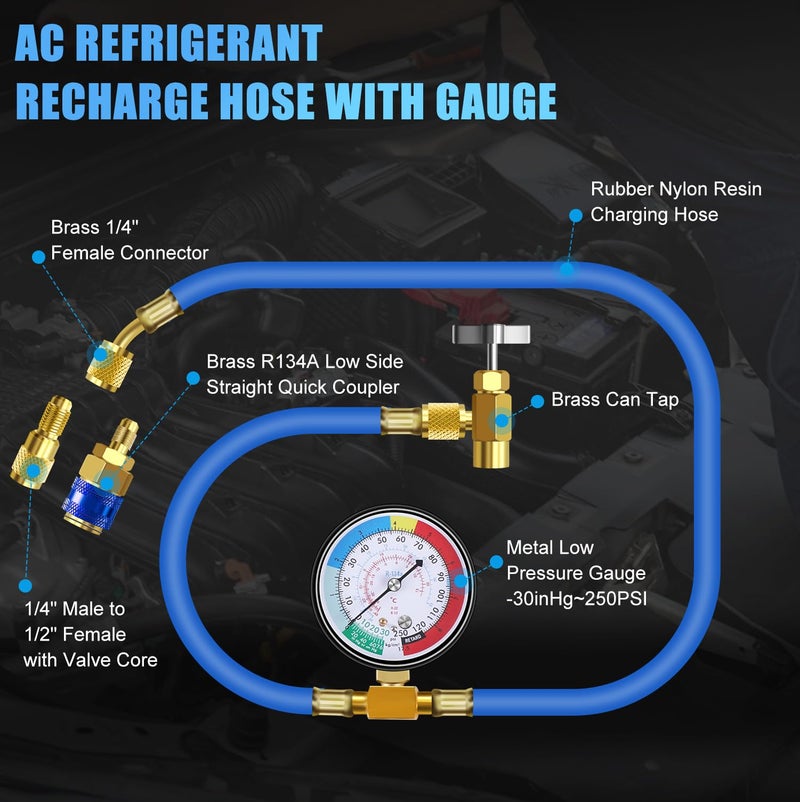 JIFETOR AC Charge Hose with Gauge for R134A, Car HVAC Refrigerant Recharge Kit, Home Air Conditioning U Charging Hose Low Pressure Meter 1/4 inch Fittings Can Tap Quick Coupler Adapter, 42 inch Long - Image 2